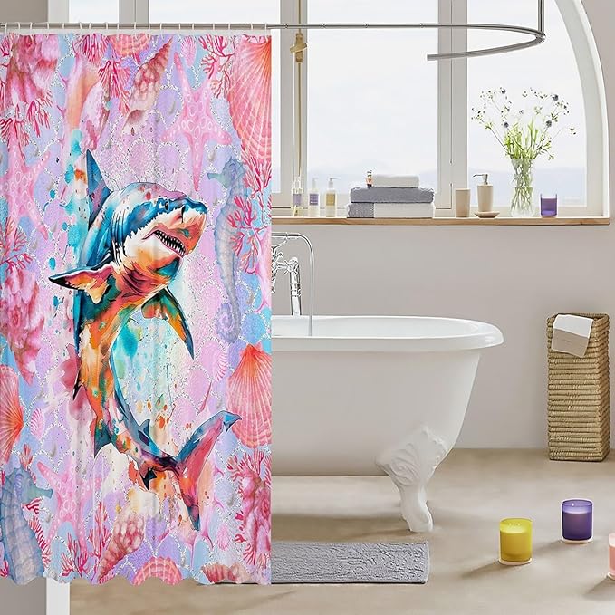 Feelyou Watercolor Shark Fabric Shower Curtain Under Sea Animals Themed Shower Curtain for Kids Pink Shells and Corals Bathroom Waterproof Accessories with 12 Hooks Ombre Curtains,72X72 Inches
