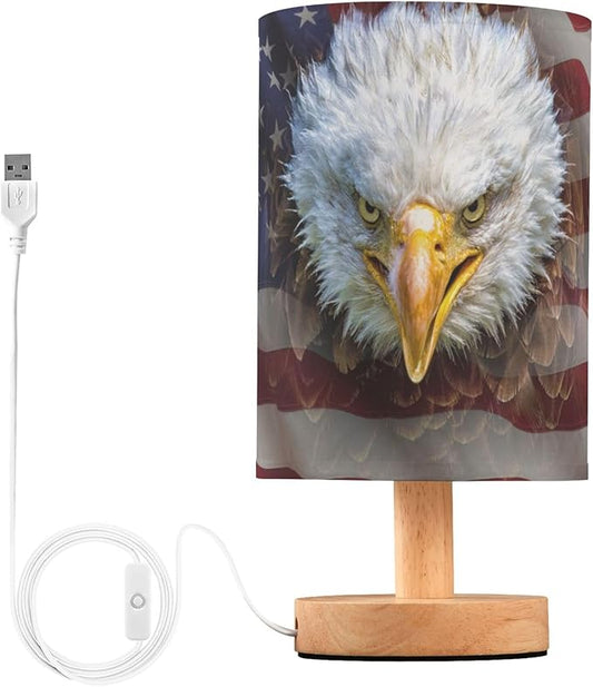 Table Lamp American Bald Eagle on USA Flag Nightstand Lamp with Wood Base Fabric Lamp Shade Bedside Desk Lamp for Living Room Bedroom Kids Room Office