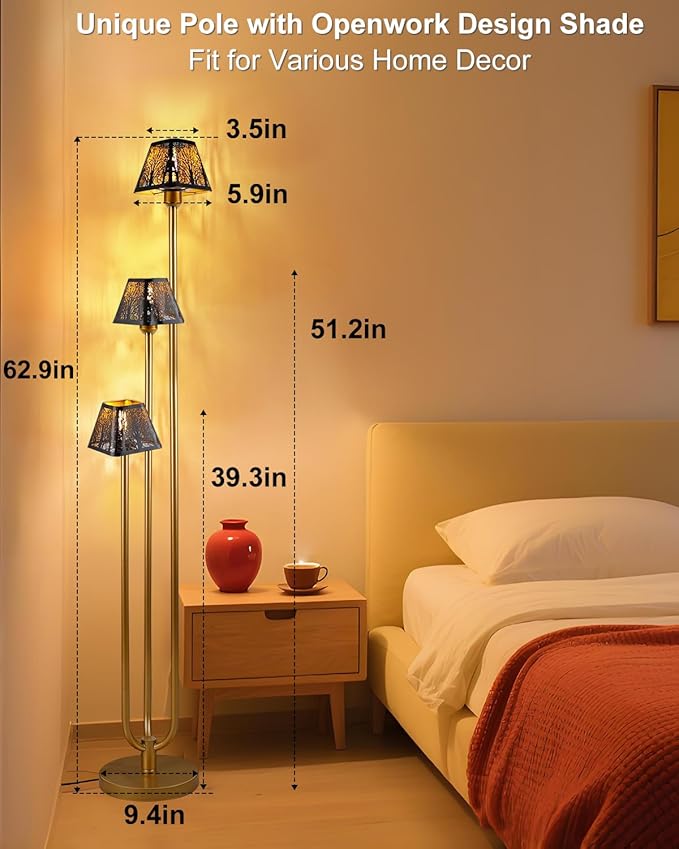 63IN Gold Floor Lamp, Unique 3 Poles Tall Standing Lamps with Metal Shade, 3000K Warmwhite Mid Century Modern Floor Lamp for Living Room Home Office(Bulbs Included)