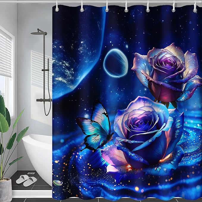 AILONEN Blue Rose Shower Curtain,Romantic Flower Bath Curtain for Girls Women,Blue Galaxy Starry Rose Floral Curtain for Bathroom Decor 36" W*72" H,Waterproof with 12 Plastic Hooks