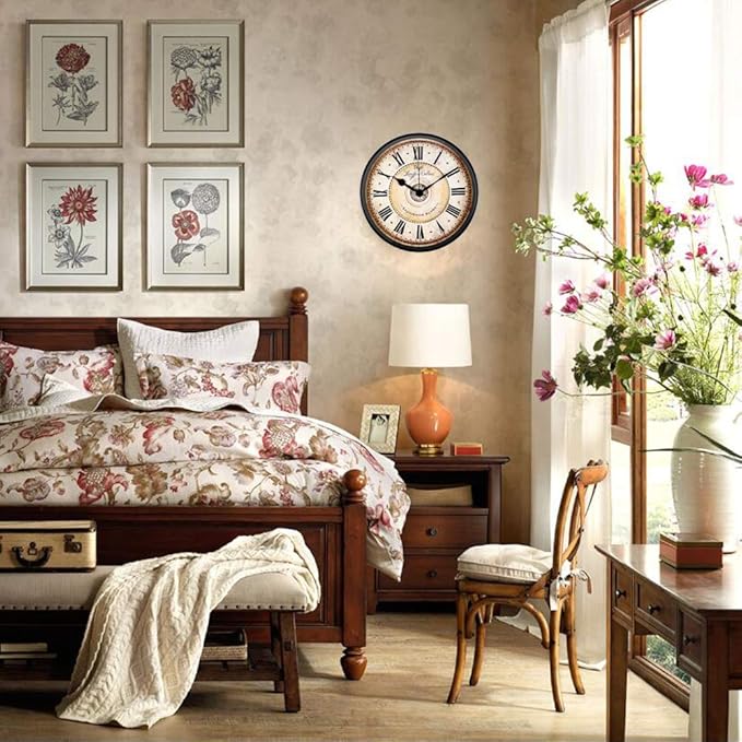 Justup Wall Clock, 12 inch Metal Black Wall Clock European Style Retro Vintage Clock Non - Ticking Whisper Quiet Battery Operated with HD Glass Easy to Read for Indoor Decor (Black 12')