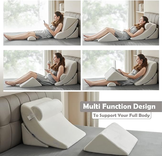 Ganaver 4pcs Orthopedic Bed Wedge Pillow Set Post Surgery Relaxing Back Adjustable Head Support Cushion Triangle Memory Foam Pillow for Acid Reflux Sleeping Reading Leg Elevation Snoring White