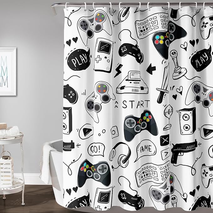 AILONEN Gamer Shower Curtain for Boys 36" W*72" H Black Gaming Video Game Bathroom Curtain,Teen Boys Bath Curtain Polyester Waterproof Retro Game Controller Bathroom Curtain with 12 Hooks