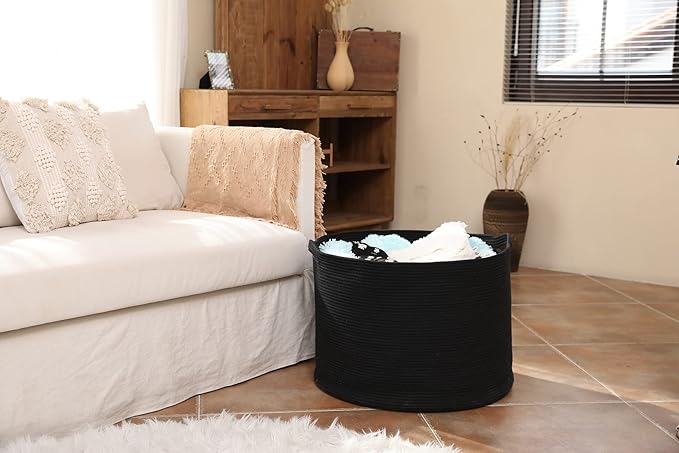 24" x 24" x 17" Max Size Large Cotton Rope Basket, Extra Large Storage Basket, Woven Laundry Hamper, Cloth Storage Bin, for Blankets Clothes Towels Pillows in Living Room, All Black