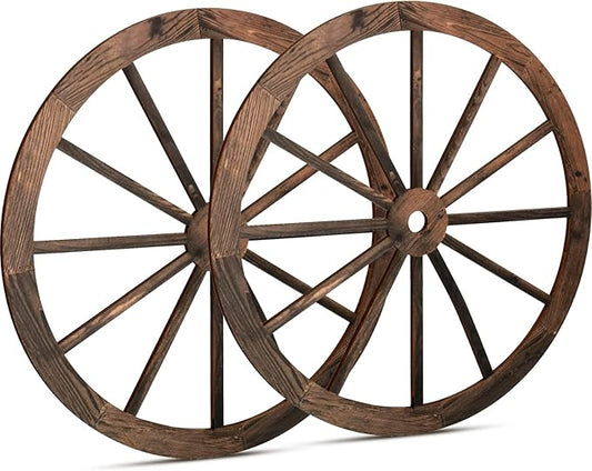 2 Pcs Wagon Wheel Decor Wooden Western Cowboy Party Decorations Vintage Rustic Wagon Wheel Wood Cartwheel Decor for Bar Garage Indoor Outdoor (Brown,18 Inch)