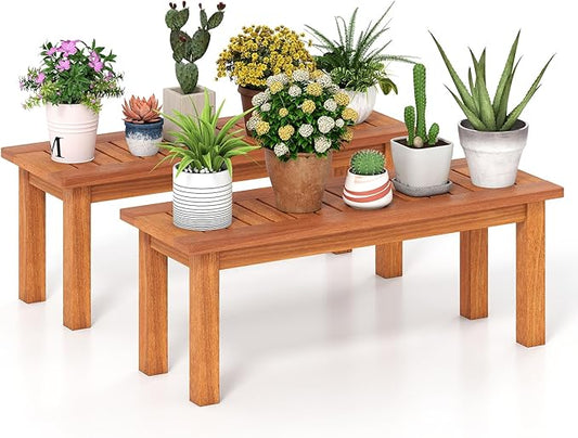 Tangkula Wooden Plant Stand, Outdoor Indoor Solid Wood Flower Pot Holder Display Shelf with Teak Oil Finish, Slatted Top, Rustic Plant Rack for Patio Garden Entryway Porch