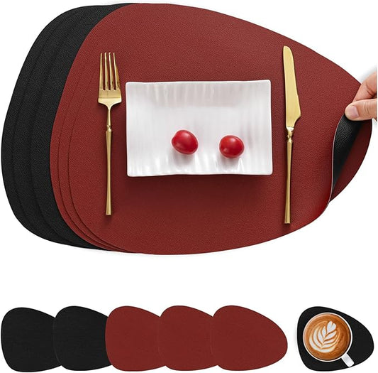 Myir JUN Placemats, Dual-Sided Placemats Waterproof Faux Leather Placemats Set of 6 Place Mats and Coasters Non-Slip Washable Table Mats for Dining Table (Red Black, Set of 6)