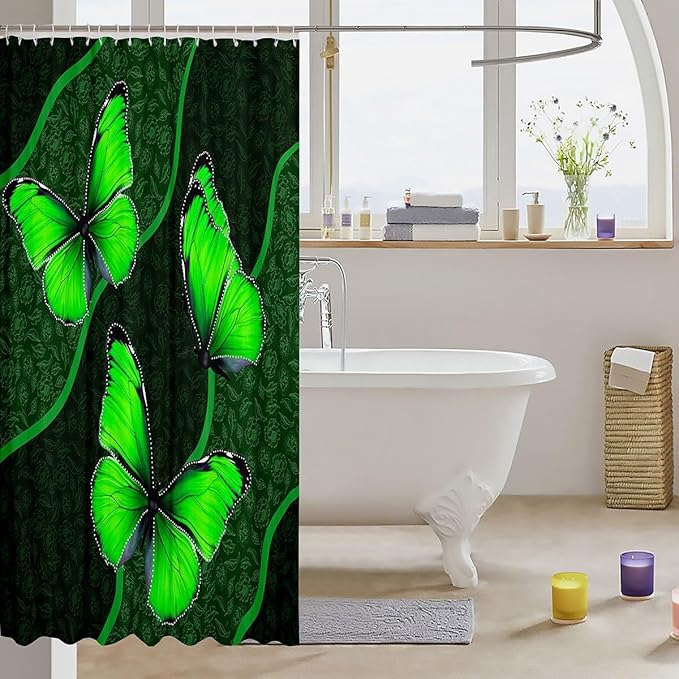 Feelyou Butterfly Shower Curtain 72"x84" Kids Butterflies Botanical Floral Print Bathroom Shower Curtain Set for Boys Girls Teens Geometric Stripes Bath Curtain Green Bathroom Accessories