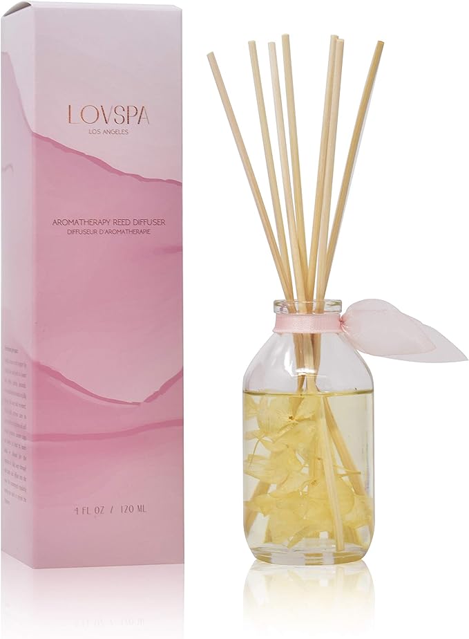 LOVSPA Soothe Tahitian Vanilla Bean Reed Diffuser Set - Vanilla Absolute, Amber & Tonka Bean Essential Oils - Real Hydrangea Flowers in The Bottle - Great Home Gift Idea - Made in The USA