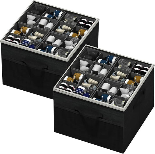 Aokeyee Shoe Organizer for Closet,2 Pack Foldable Shoe Storage Organizer Box Bin with Adjustable Dividers and Clear Cover, Fits up to 16-32 Pairs, (Black)