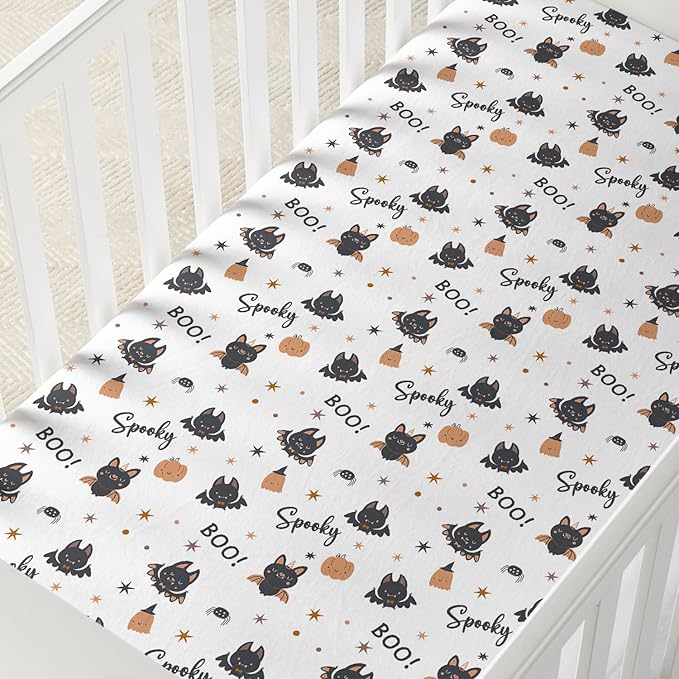 Horaldaily 2 Pack Fitted Crib Sheet for Boys Girls,Soft Breathable Washable Jersey Microfiber Baby Crib Sheet, Fits Standard Size Crib Mattress 28in x 52in, Bats Pumpkin Nursery Sheet Sage Black/White