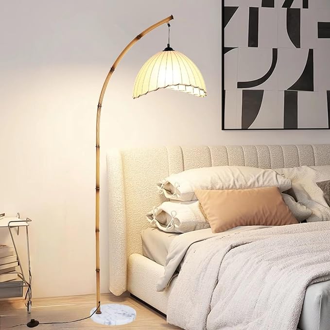 Retro Floor Lamp Unique Bamboo Color Floor lamp Bohemian Hanging Arc Floor Lamp with Antique Rattan Style Vertical Standing tall Lamp for Bed Room Farmhouse Study Living Room Indoor decoration