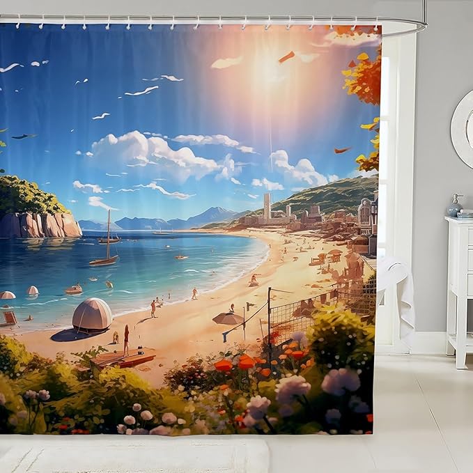Feelyou Beach Shower Curtain Kids Beach Ocean Fabric Shower Curtain Nutrue Theme Bathroom Waterproof Accessories with 12 Hooks for Women Men Summer Holiday Curtains,72x72 Inches