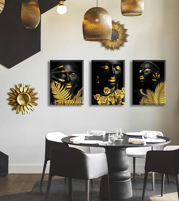 Elegant African American Black Girl Canvas Wall Art - 3Pcs Framed Black & Gold Women Pictures for Living Room, Bathroom & Bedroom Decor - Gold Tropical Botanical Prints for Home Decoration