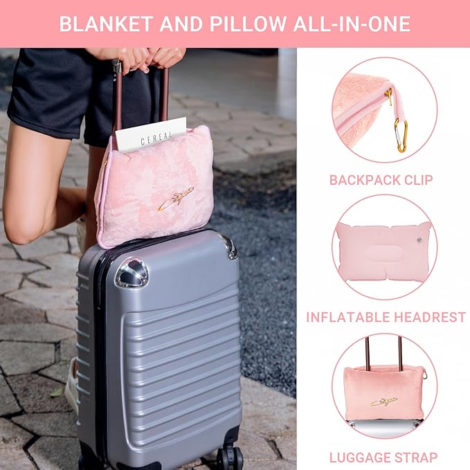 3 in 1 Travel Pillow and Blanket Set, Premium Soft 300 GSM Thick Airplane Blanket Compact with Bag for Long Trips Essentials, Hand Luggage Sleeve and Backpack Clip (Pink)