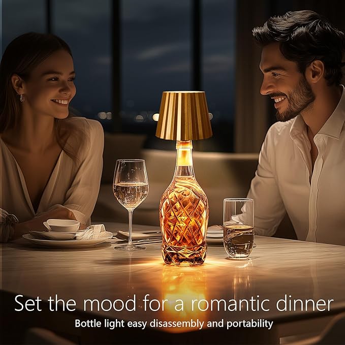 Wine Bottle Lamp, 2025 New 3 Color Rechargeable Wireless Bottle Lamp for Liquor Bottles with Touch Dimming for Parties, Restaurants & Home Decor (Gold)