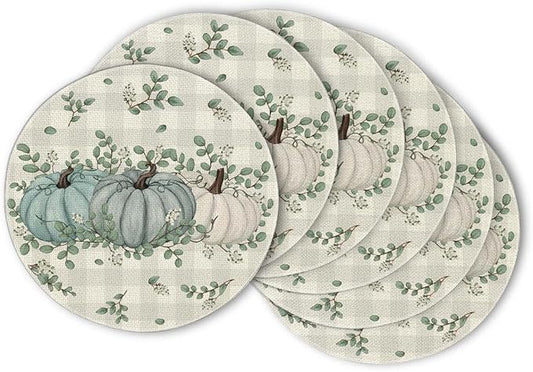 Artoid Mode Pumpkins Eucalyptus Leaves Round Fall Placemats Set of 6, 14 Inch Seasonal Autumn Table Mats for Table Runner Dining Decoration