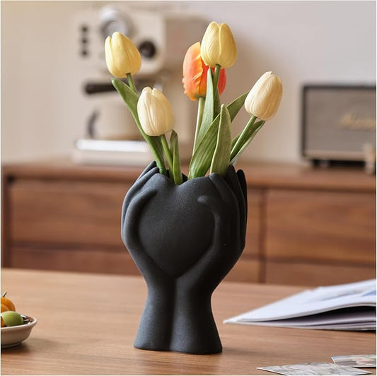 8" Heart Hand Black Ceramic Vase - Unique Modern Aesthetic Flowers Vase for Living Room Bedroom Office Kitchen Table Centerpiece or Shelf Decor-Gifts for Wedding Bridal Shower Women Mom (Black)