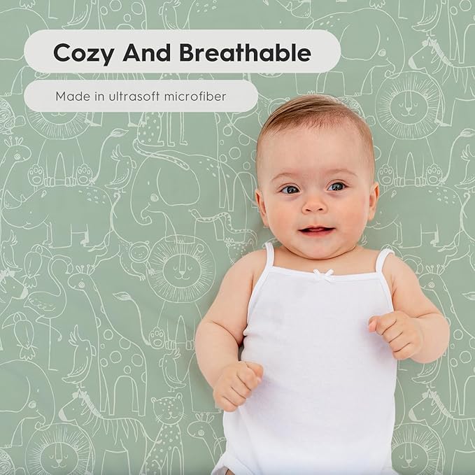 Horaldaily 2 Pack Fitted Crib Sheet for Boys Girls,Soft Breathable Washable Jersey Microfiber Baby Crib Sheet, Fits Standard Size Crib Mattress 28in x 52in, Cute Animals Nursery Sheet Green/White