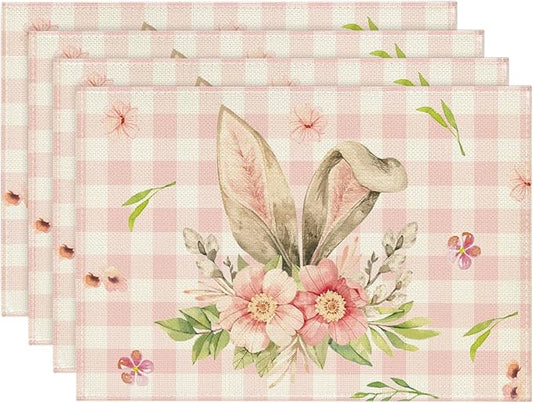 Artoid Mode Pink Buffalo Plaid Bunny Ears Flower Easter Placemats Set of 4, 12x18 Inch Seasonal Holiday Table Mats for Party Kitchen Dining Decoration