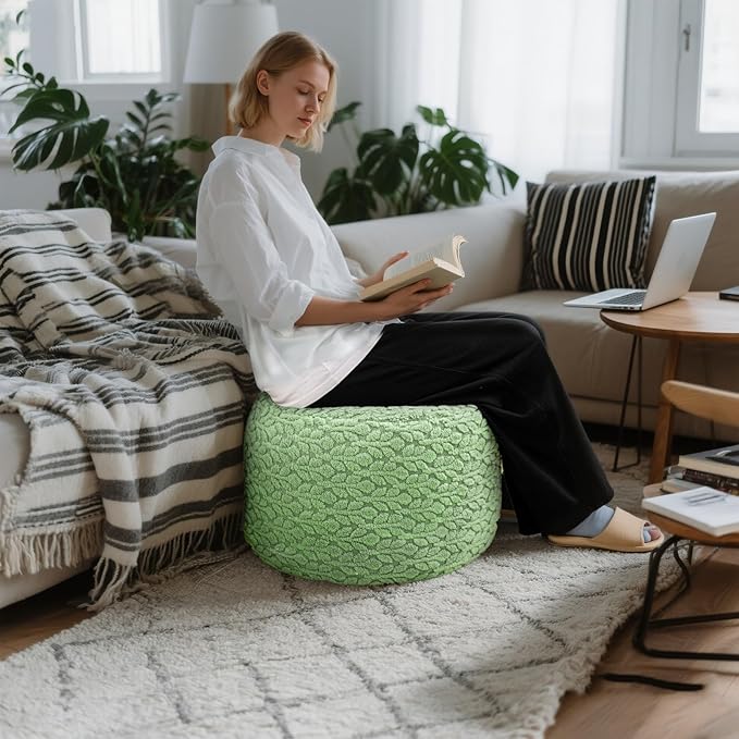 Round Pouf Ottoman Stuffed 20 x 20 x 14 Inches Boho Poof Foot Stool Home Decor Floor Pouffe Ottoman Foot Rest for Couch Sofa Bean Bag Chairs Living Room Bedroom (Sage Green)