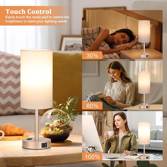 17inches Tall Touch Bedside Table Lamps Set - 3 Way Dimmable Bedroom Lamp Set of 2 with USB C and A Ports, Lamps for Nightstand with AC Outlet, Gold Base Round Flaxen Shade for Desk, Office, Dorm