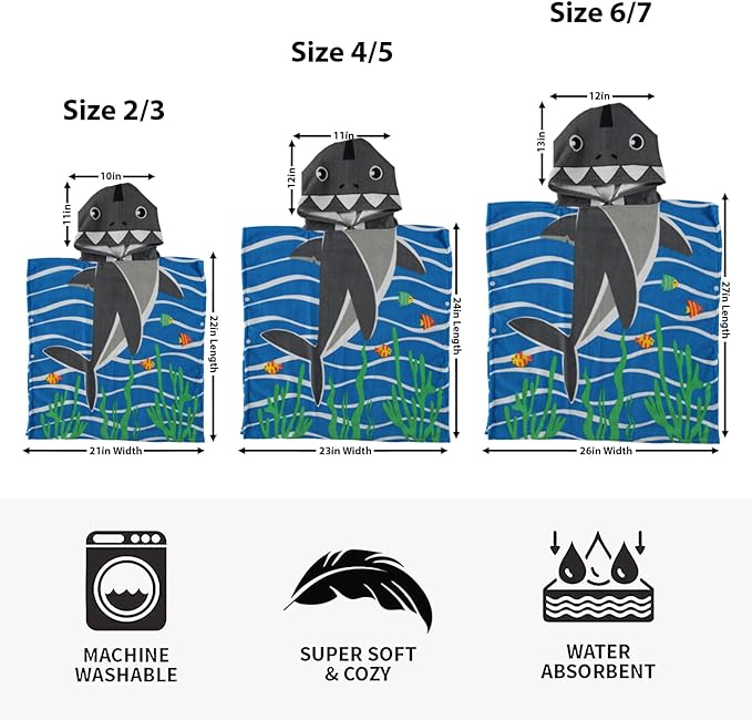Boys and Girls Absorbent Hooded Beach Towel Pullover Character Microfiber Bath Towel with Side Snaps (Shark, 2-3T)