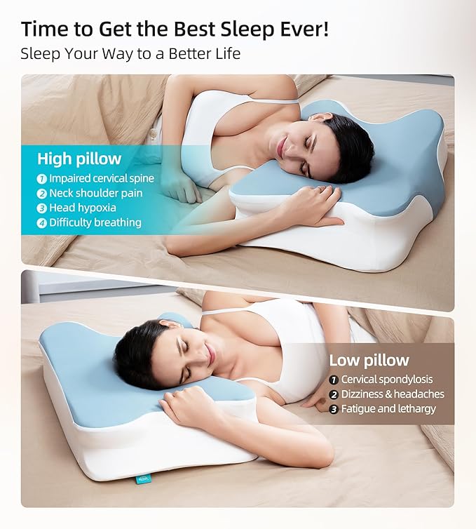 ALLJOY Cervical Pillow for Neck Shoulder, Ergonomic Side Sleeper Pillow for Pain Relief, Cooling Odorless Memory Foam Pillows for Deep Sleep, Neck Support Pillow for Back Stomach Sleepers, Blue