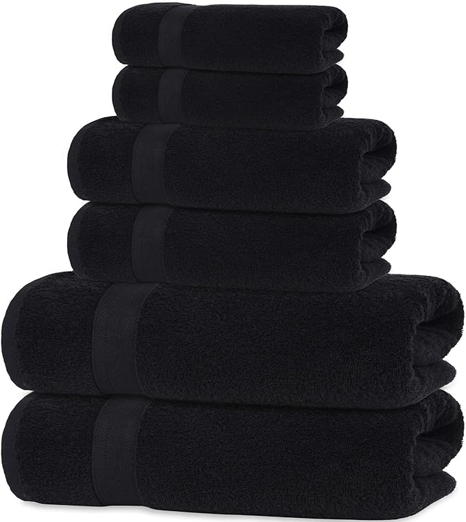 Quick-Dry, Soft & High Absorbent Bath Towels Cotton Turkish Bath Towel Set of 6 | Daily Use 100% Cotton Towels for Bathroom, Gym & More | Bathroom Towels Set (6 Pcs, Black)