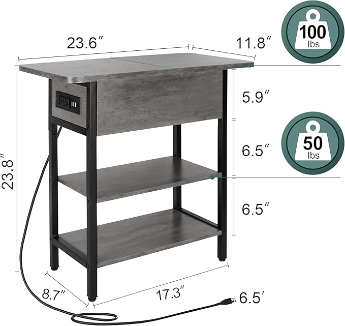 Yoobure End Table with Charging Station, Flip Top Side Table with USB Ports and Outlets, Sofa Couch Table Bedside Table for Living Room Bedroom, Narrow Nightstand with Storage Shelves for Small Space