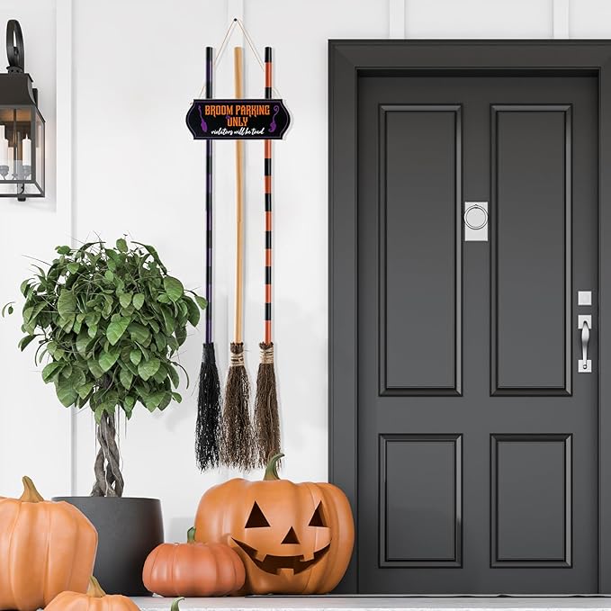 Porch Halloween Decorations - Halloween Broom Parking Sign with 3 Wooden Witches Brooms Decor - Witches Decoration Sign for Home Indoor Outdoor Front Porch Wall Office