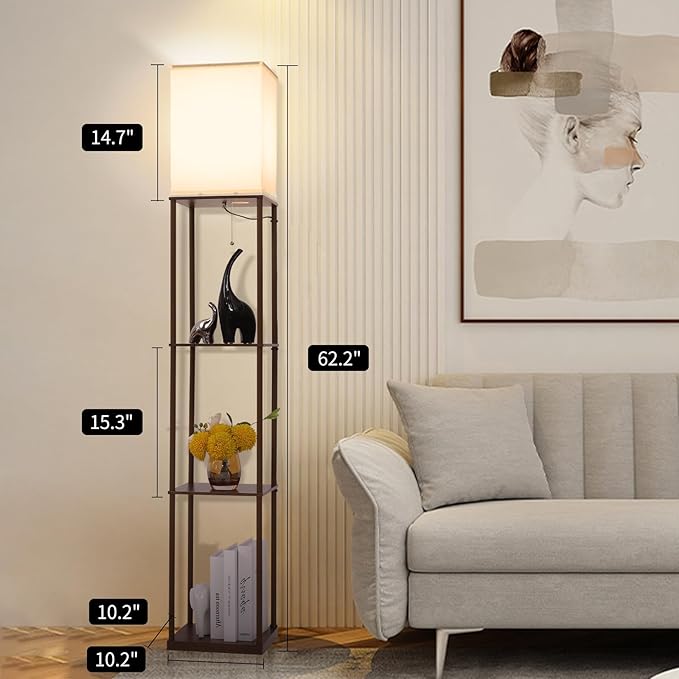 Floor Lamp with Shelves, Modern Square Standing Lamp with 3 Color Temperature Bulb, Corner Display Bookshelf Lamp for Living Room, Bedroom and Office (Brown-9)