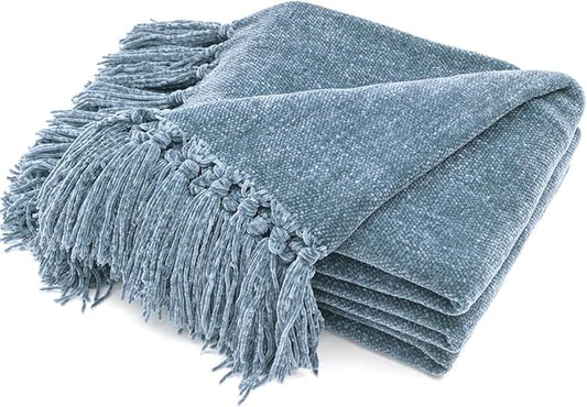 EVERGRACE Soft Chenille Throw Blanket for Couch, Cozy Plush Fuzzy Decorative Chenille Knit Throw Blanket with Tassels, Lightweight Blanket and Throws for Bed Sofa Gift Home Decor, Cloud Blue 60"x80"