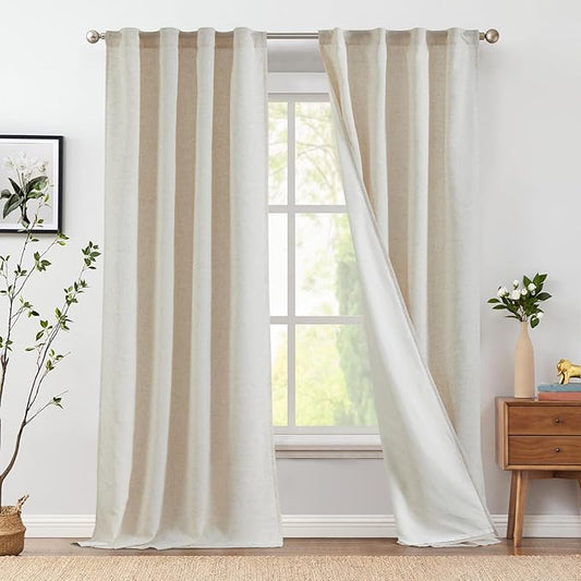 jinchan Beige Lined Linen Blend Curtains for Closet 96 Inch Extra Long 2 Panels Floor to Ceiling, 38 Inch Wide Drapes for Bedroom Bathroom(38W x 96L, Ecru)