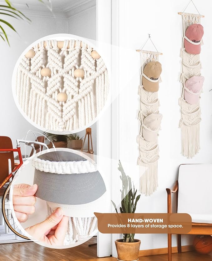 AceList 2-Pack Organizer for Baseball Caps, Macrame Hat Hangers for Wall and Door, Boho Hat Rack with Macrame Wall Decor - Effortless Storage and Display of Hats (Up to 32 Caps)