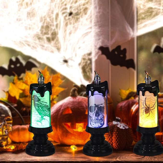 Eldnacele Halloween Flameless Candle Lamp Battery Operated with Remote and Timer, Spooky Horror Skull Crow Spider Decals LED Candle Lights Indoor Home Decor Candles Set of 3, 2.8" D x 7.8" H