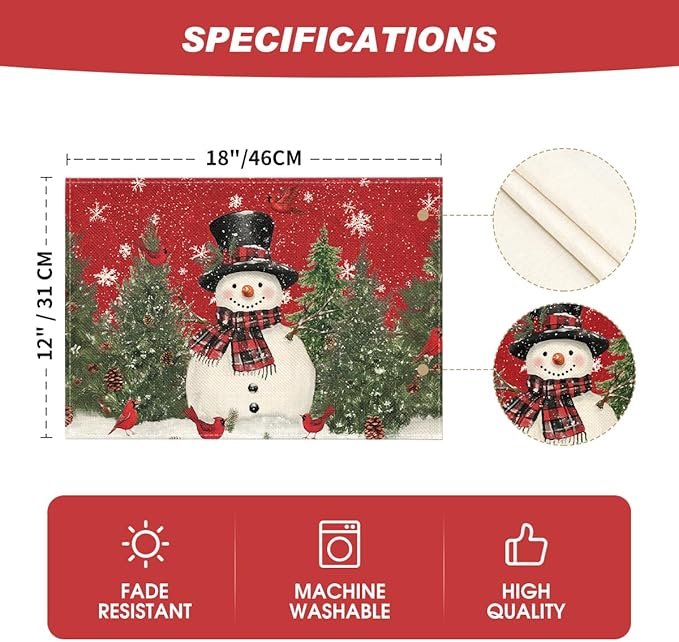 Artoid Mode Red Snowman Trees Bird Christmas Placemats Set of 8, 12x18 Inch Seasonal Winter Table Mats for Party Kitchen Dining Decoration