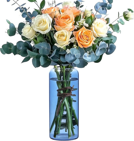 ComSaf Glass Flower Vase, 8 Inch Tall Bud Vases, Home Decor Vases for Centerpiece for Living Room and Bedroom, Decorative Vases for Wedding, Valentines' Day, Mother's Day (Blue)