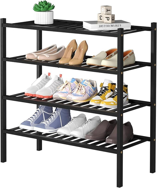 4 Tier Bamboo Shoe Rack for Closet Free Standing Wood Shoe Shelf for Entryway Small Space Stackable 27"x11"x26" (Black)