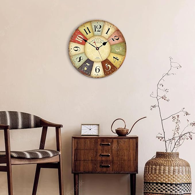 VIKMARI 8 Inch Silent Non-Ticking Wall Clock Arabic Numerals Retro Clocks Wooden Decorative Round Wall Clocks Battery Operated Indoor Wall Clocks Paris French Rustic Style Home Decor Wall Clock