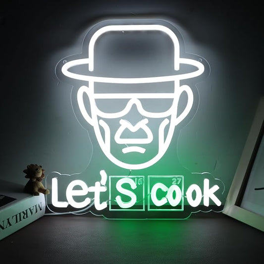 Breaking Bad Neon Sign Heisenberg for Wall Decor,Funny Let's Cook Neon Ligthts with Dimmable LED Signs for Man Cave Bedroom Bar Party Neon Gifts for Crime TV Show Fans Gifts
