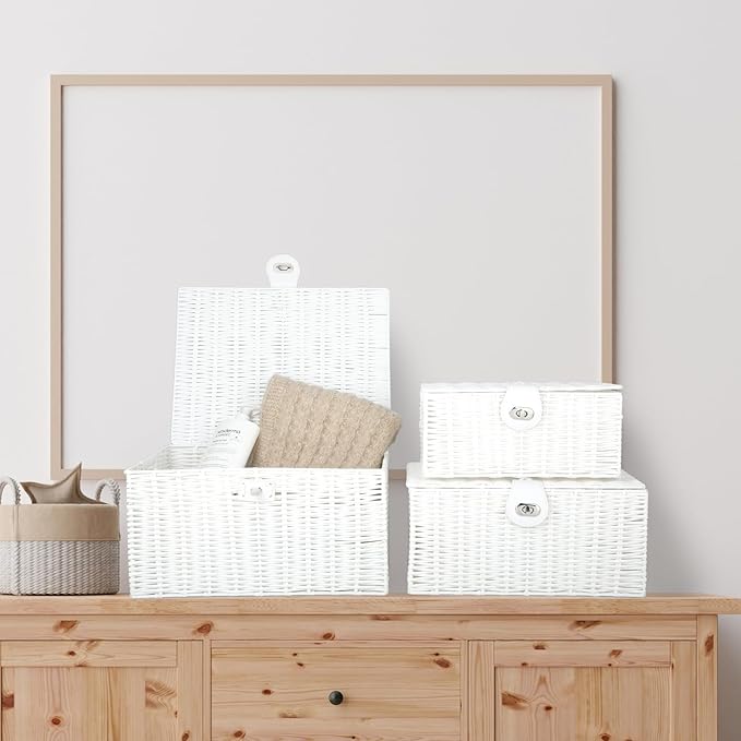 Honygebia White Wicker Storage Baskets - Set of 3 Decorative Nesting Boxes with Lids, Woven Basket with Lock & Handle, Organizer for Beauty Makeup Bathroom Decor