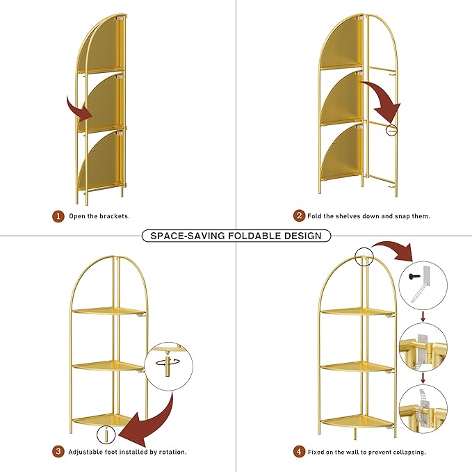 Crofy Foldable 3 Tier Corner Shelf, Metal Corner Plant Stand with Gold Frame and Gold Shelves, Corner Display Rack Multipurpose Shelving Unit for Living Room, Bedroom, Bathroom