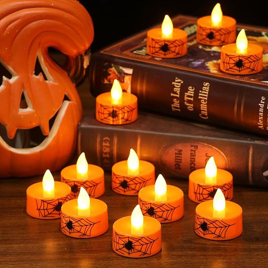 DRomance Halloween Flameless Votive Candles Battery Operated with 6H Timer, 12 Pack Spider Cobweb Decal LED Flickering Pumpkin Tea Lights Candles Fall Indoor Decoration(1.5" D x 1.4" H)