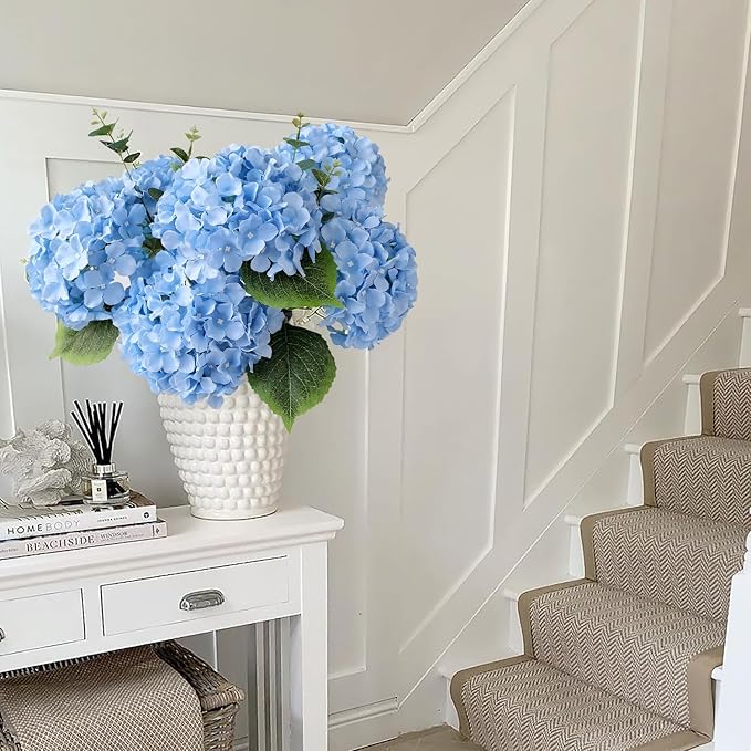 Blue Flowers Hydrangea Artificial Flowers, 5Pcs 20Inch Large Lifelike Silk Artificial Hydrangeas, Full Fake Flowers for Bouquet Table Centerpieces Wedding Indoor Home