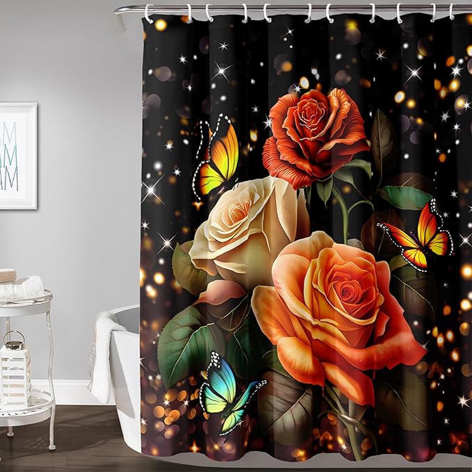 AILONEN Rose Flower Shower Curtain for Bathroom, Glitter Starry Flower Print Bath Curtain,Modern Botanical Floral Butterfly Waterproof Shower Curtain Decoration with 12 Plastic Hooks, 36" W*72" H