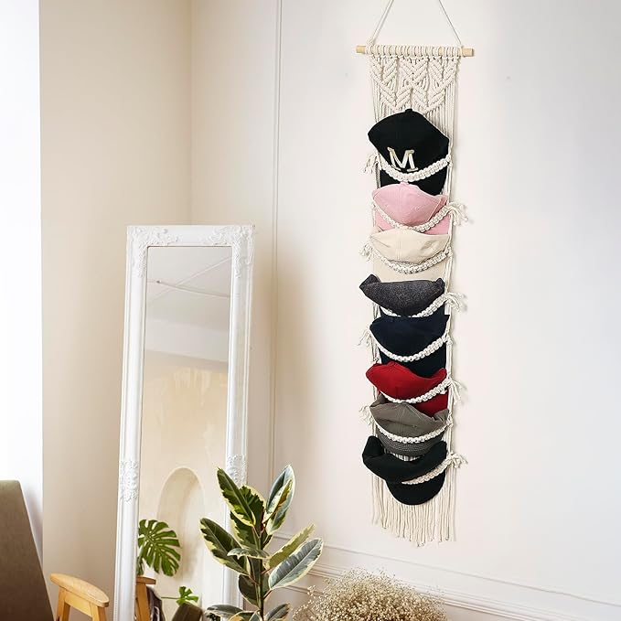 Baseball Cap Storage Over Door-1 Pack-Boho Macrame Cap Holder Wall Hat Organizer for Baseball Cap Holder, Hat Rack for Wall Hanging Hat Holder for Bohemian Bedroom Decor