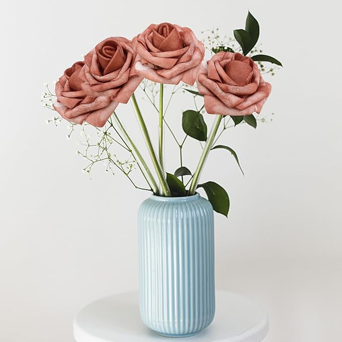 200PCS Warm Taupe Artificial Flowers Roses Real Looking Foam Fake Roses with Leaves for DIY Wedding Bouquets Bridal Shower Arty Decorations (Warm Taupe, 200)