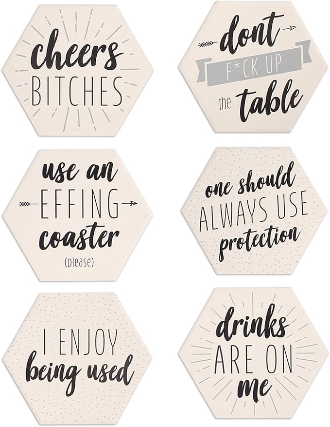 LotFancy Funny Drink Coasters with Holder, 6PCS Absorbent Ceramic Coasters, Hexagon Set, Non-Slip, Bar Room Decor