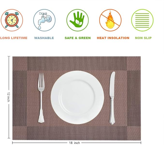 GIVERARE Placemats Set of 4, Heat-Resistant Woven Vinyl Placemat, Non-Slip Washable PVC Table Mat, Easy to Clean Premium Plastic Mats for Dining, Kitchen Table (Brown)